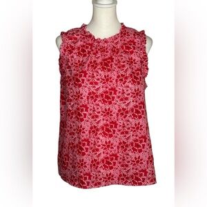 J Crew Floral Sleeveless Top Red Pink Ruffled Neck sz L Linen Blend cottagecore